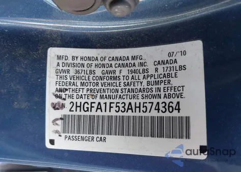 2010 Honda Civic Lx z USA, uszkodzony, nr VIN 2HGFA1F53AH574364